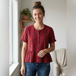 Madewell Red Plaid Peplum Blouse Excellent condition